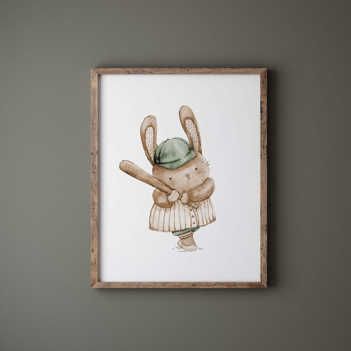 Watercolor baseball animal print with bunny in sage green, brown, beige colors for gender neutral nursery decor, baby boys room decor, toddler room decor.