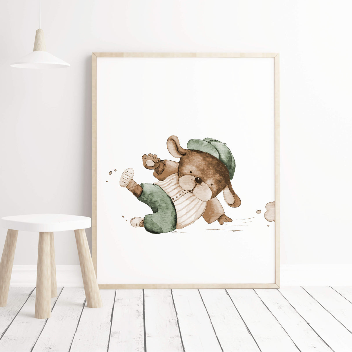 Watercolor baseball animal print with dog in sage green, brown, beige colors for gender neutral nursery decor, baby boys room decor, toddler room decor.