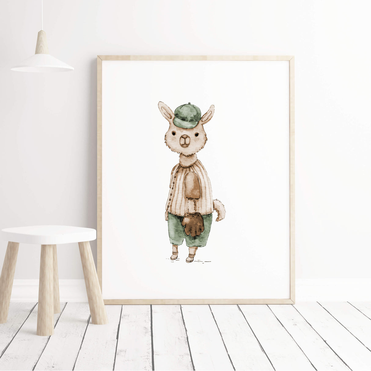 Watercolor baseball animal print with llama in sage green, brown, beige colors for gender neutral nursery decor, baby boys room decor, toddler room decor.