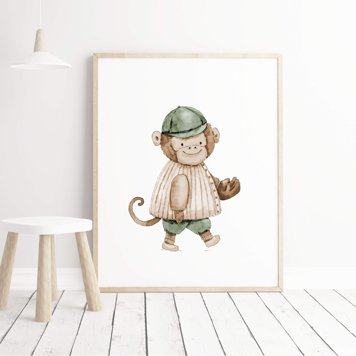 Watercolor baseball animal print with monkey in sage green, brown, beige colors for gender neutral nursery decor, baby boys room decor, toddler room decor.