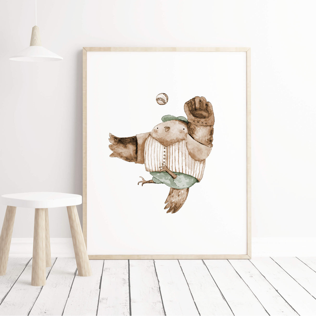 Watercolor baseball animal print with owl in sage green, brown, beige colors for gender neutral nursery decor, baby boys room decor, toddler room decor.