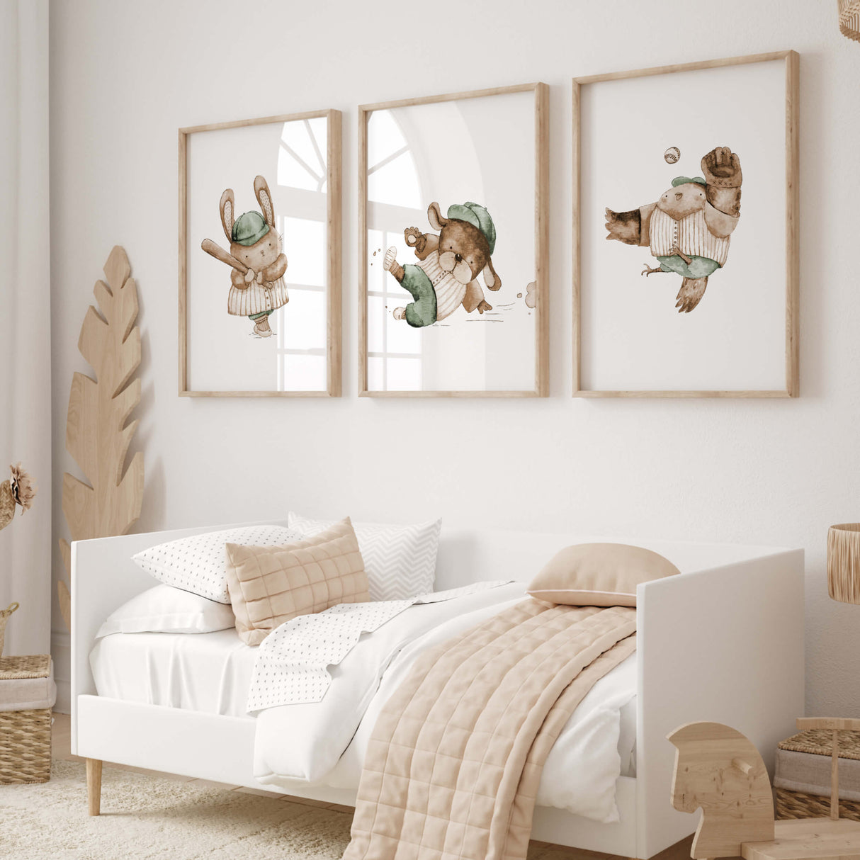 Watercolor baseball animal printable with bear in sage green, brown, beige colors for gender neutral nursery decor, baby boys room decor, toddler room decor, amimals: bunny, dog, owl.