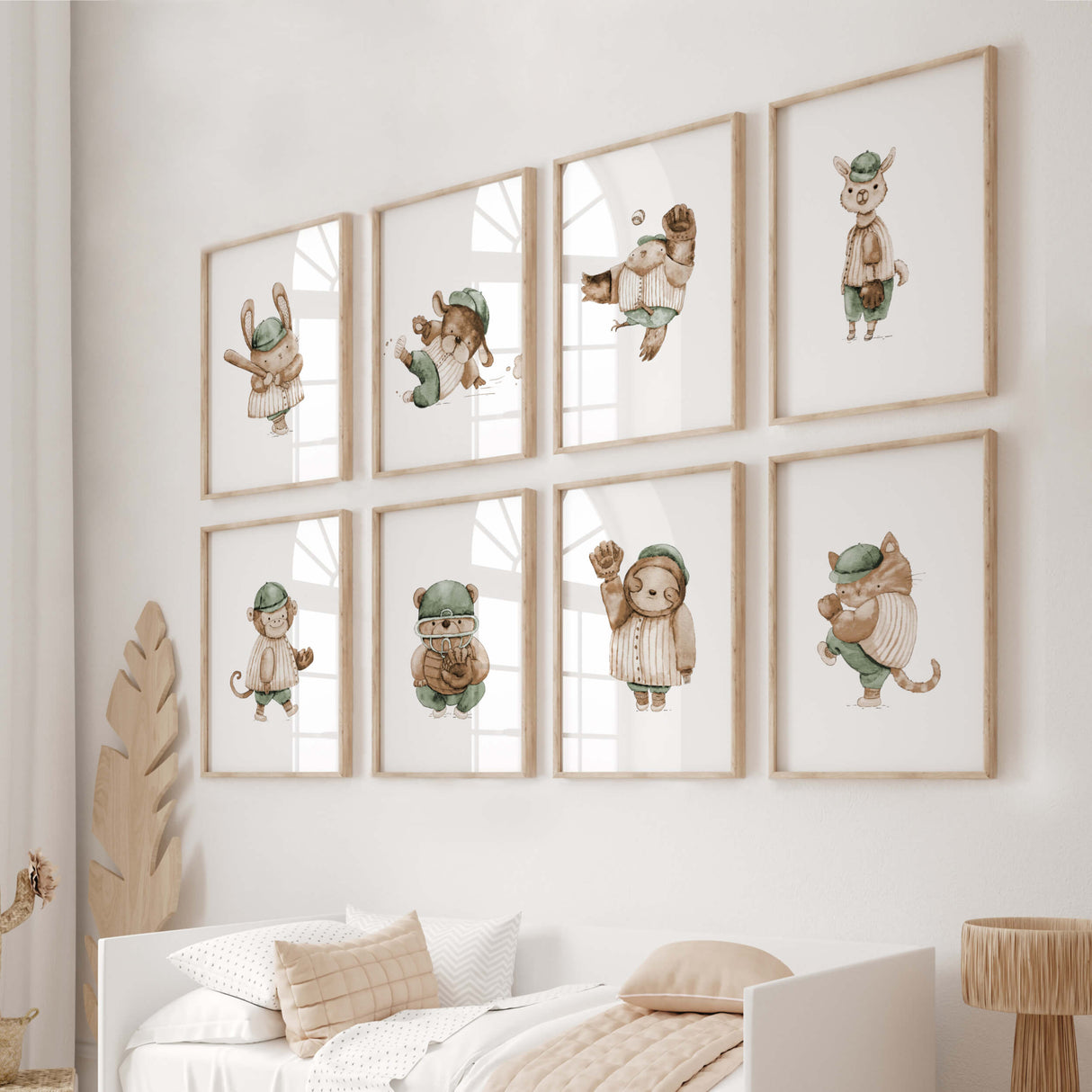 Watercolor baseball animal printable in sage green, brown, beige colors for gender neutral nursery decor, baby boys room decor, toddler room decor.