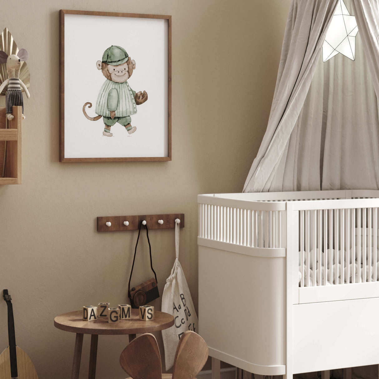 Watercolor baseball animal print with monkey in sage green, brown, beige colors for gender neutral nursery decor, baby boys room decor, toddler room decor.