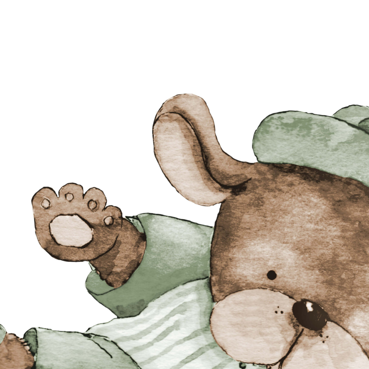 Watercolor baseball animal print in sage green, brown, beige colors for gender neutral nursery decor, baby boys room decor, toddler room decor, animals: bunny, dog, owl, llama, monkey, bear, sloth, cat.