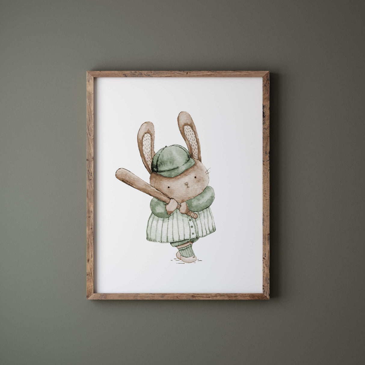 Watercolor baseball animal printable with bunny in sage green, brown, beige colors for gender neutral nursery decor, baby boys room decor, toddler room decor.