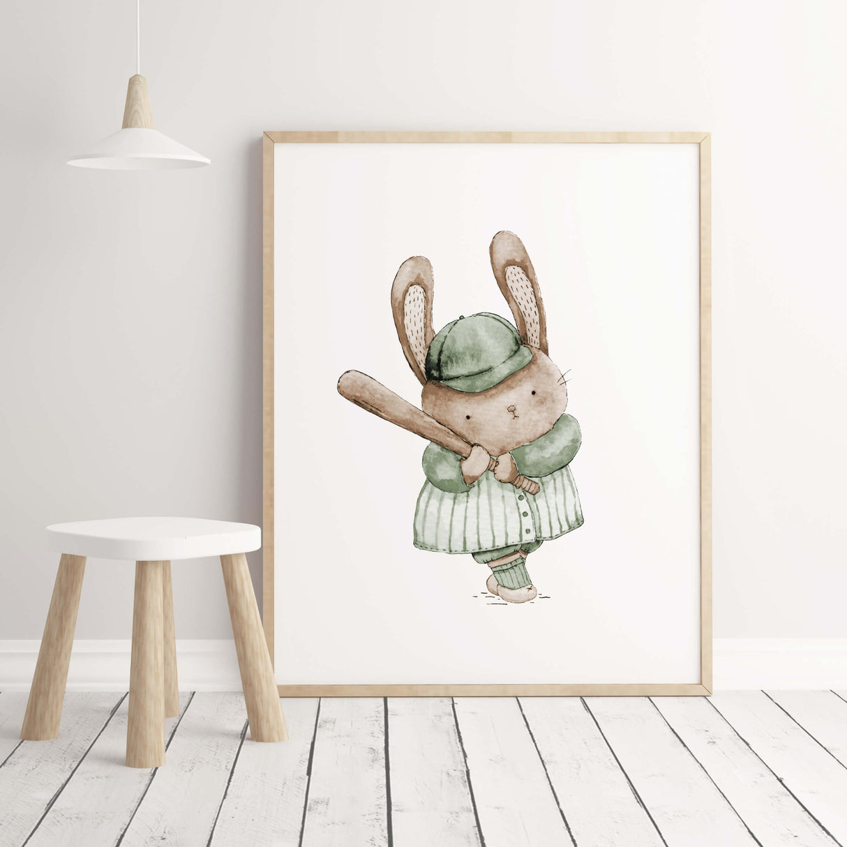 Watercolor baseball animal print with bunny in sage green, brown, beige colors for gender neutral nursery decor, baby boys room decor, toddler room decor.