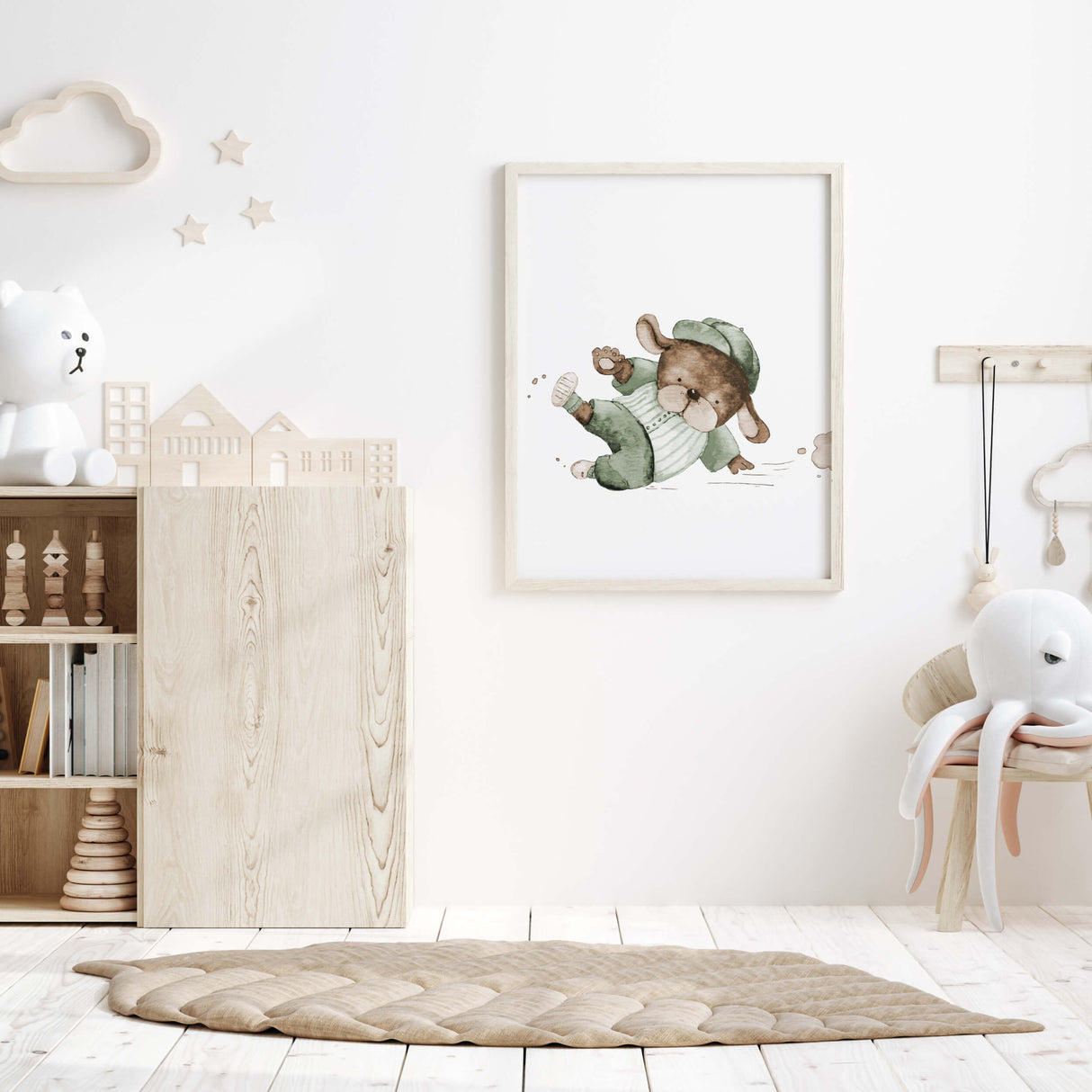 Watercolor baseball animal print with dog in sage green, brown, beige colors for gender neutral nursery decor, baby boys room decor, toddler room decor.