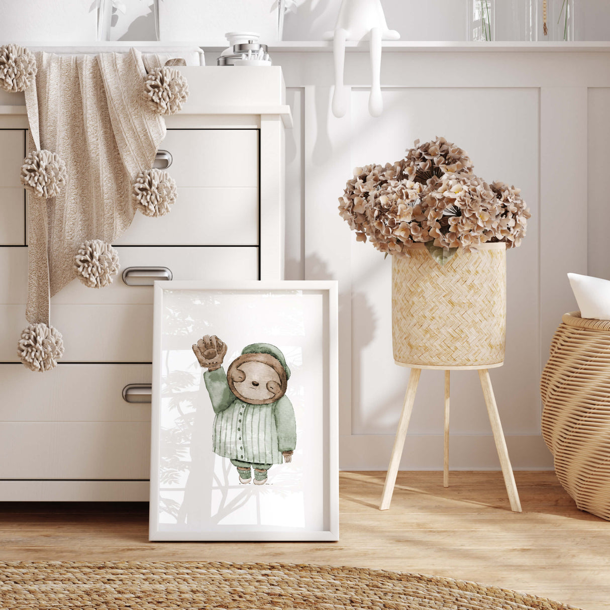 Watercolor baseball animal poster with sloth in sage green, brown, beige colors for gender neutral nursery decor, baby boys room decor, toddler room decor.