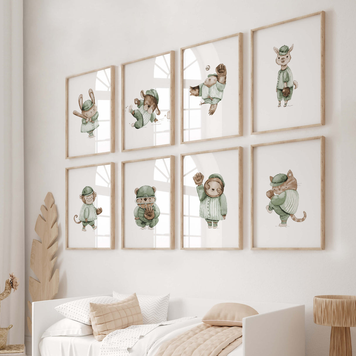 Watercolor baseball animal printable in sage green, brown, beige colors for gender neutral nursery decor, baby boys room decor, toddler room decor, animals: bunny, dog, owl, llama, monkey, bear, sloth, cat.