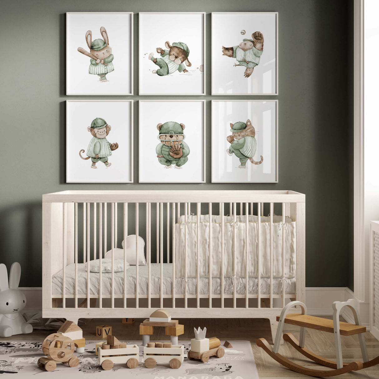 Watercolor baseball animal print in sage green, brown, beige colors for gender neutral nursery decor, baby boys room decor, toddler room decor, animals: bunny, dog, owl, llama, monkey, bear, sloth, cat.