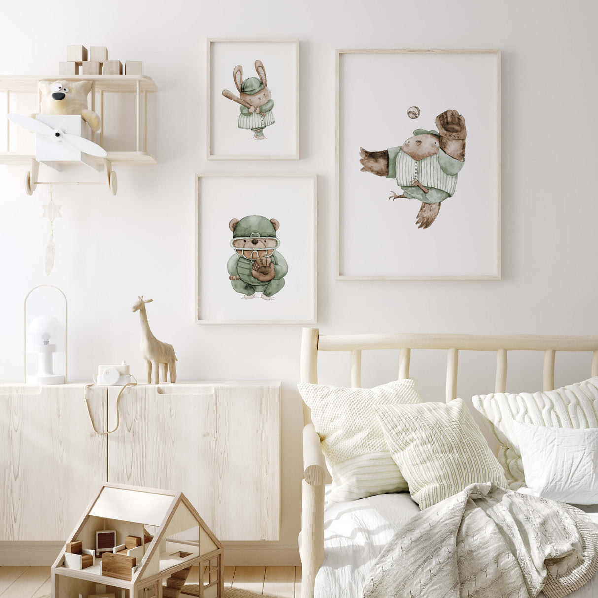 Watercolor baseball animal print in sage green, brown, beige colors for gender neutral nursery decor, baby boys room decor, toddler room decor, animals: bunny, owl, bear.