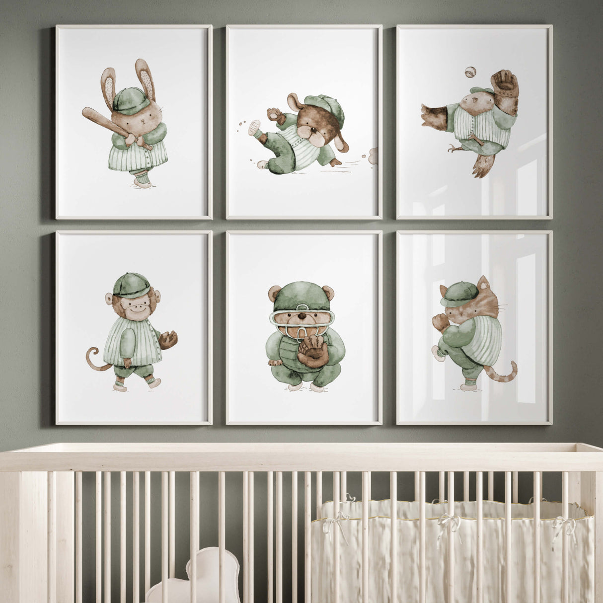 Watercolor baseball animal print with dog in sage green, brown, beige colors for gender neutral nursery decor, baby boys room decor, toddler room decor, animals: bunny, dog, owl, monkey, bear, cat.