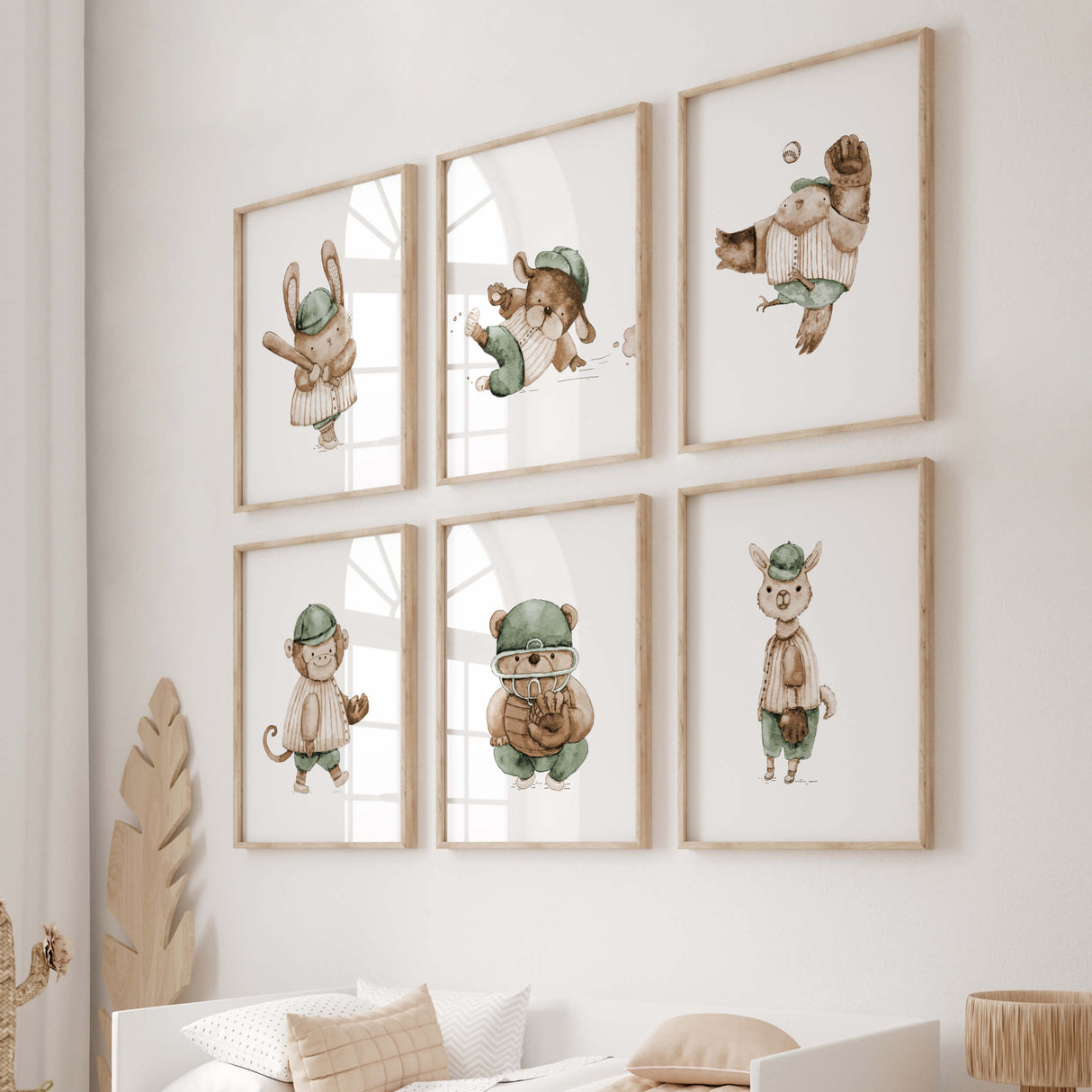 Watercolor baseball animal printable in sage green, brown, beige colors for gender neutral nursery decor, baby boys room decor, toddler room decor, animals: bunny dog, owl, monkey, bear, llama.