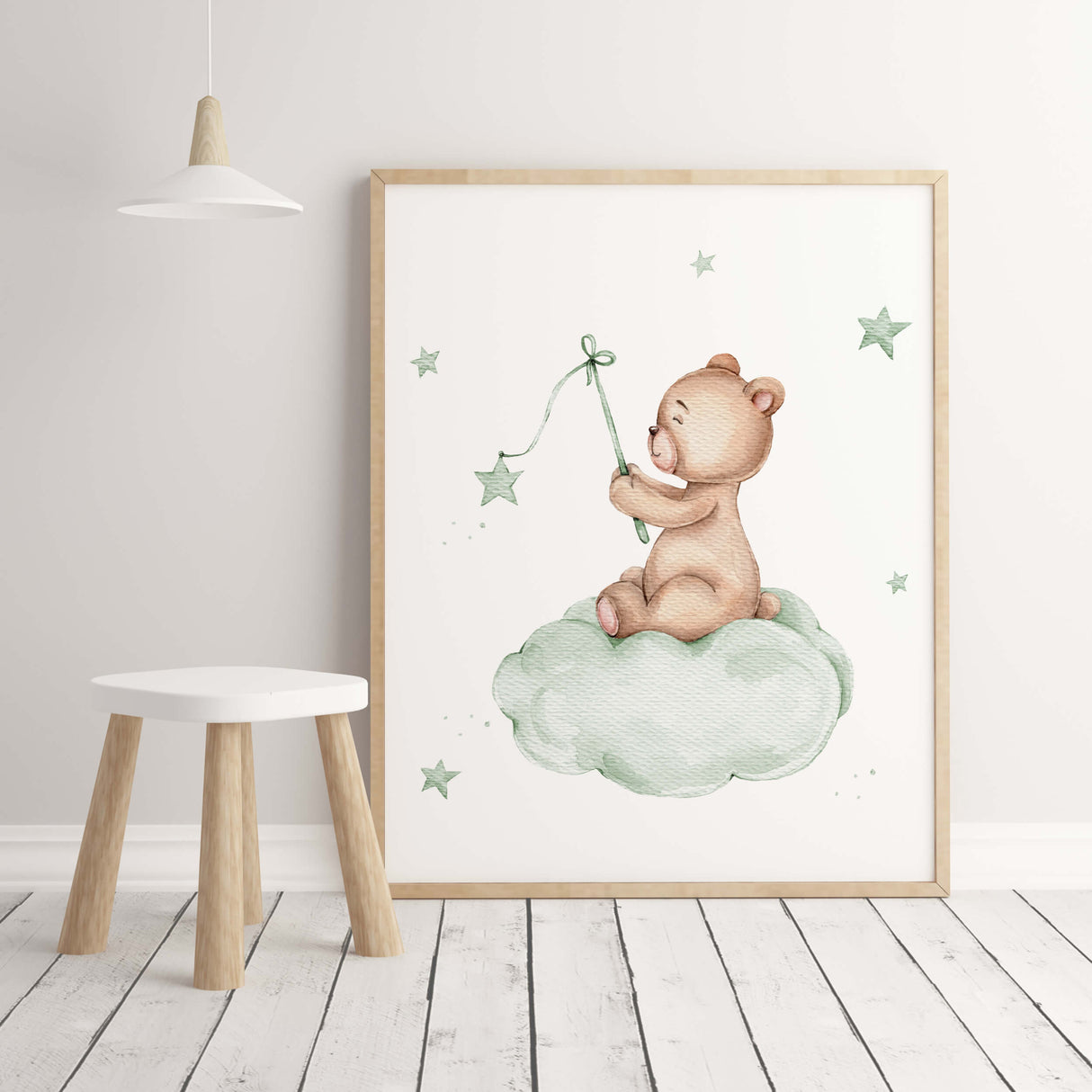 Watercolor teddy bear poster on the cloud in sage green and brown colors for white and sage green nursery decor.