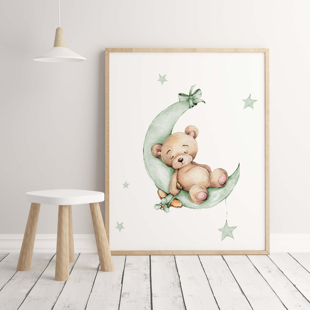 Watercolor teddy bear poster on the moon in sage green and brown colors for gender neutral nursery decor.