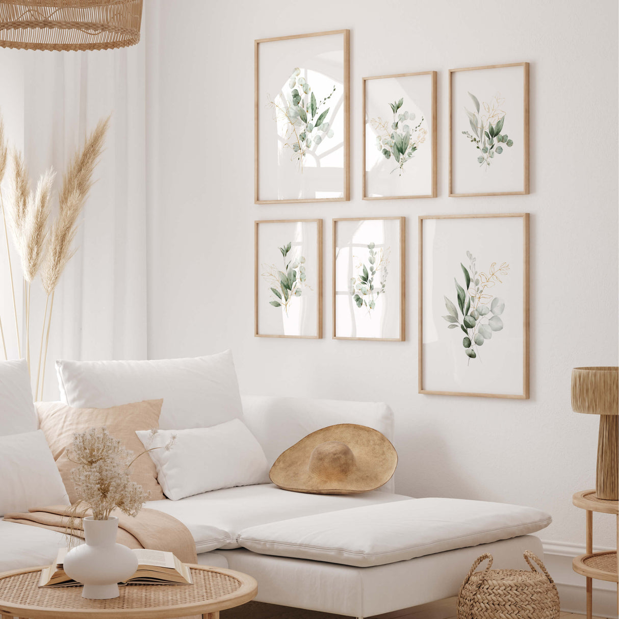 Set of 6 watercolor plant poster with eucalyptus for sage green home decor.