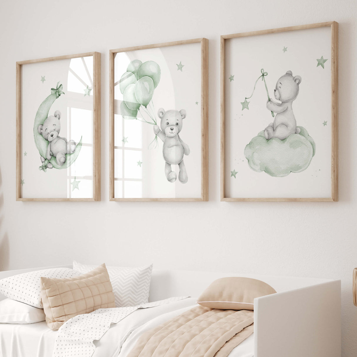 Set of 4 watercolor sage green gray teddy bear printable for gender neutral nursery decor and ideas, includes teddy bear on the moon, cloud, with balloon and in airplane.