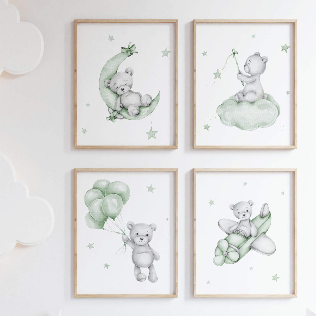 Set of 4 watercolor sage green gray teddy bear print for gender neutral nursery decor and ideas, includes teddy bear on the moon, cloud, with balloon and in airplane.