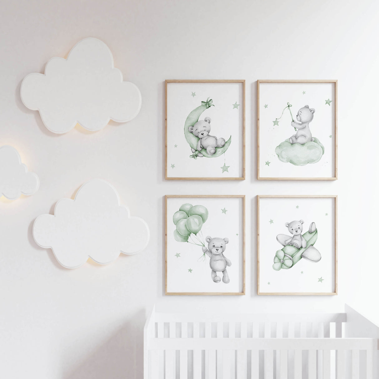 Set of 4 watercolor sage green gray teddy bear print for gender neutral nursery decor and ideas, includes teddy bear on the moon, cloud, with balloon and in airplane.