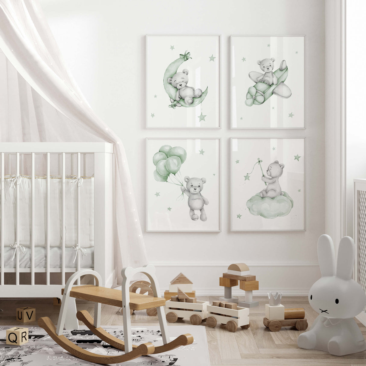 Set of 4 watercolor sage green gray teddy bear print for gender neutral nursery decor and ideas, includes teddy bear on the moon, cloud, with balloon and in airplane.