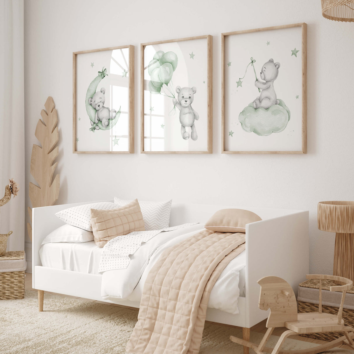 Set of 4 watercolor sage green gray teddy bear print for gender neutral nursery decor and ideas, includes teddy bear on the moon, cloud, with balloon and in airplane.