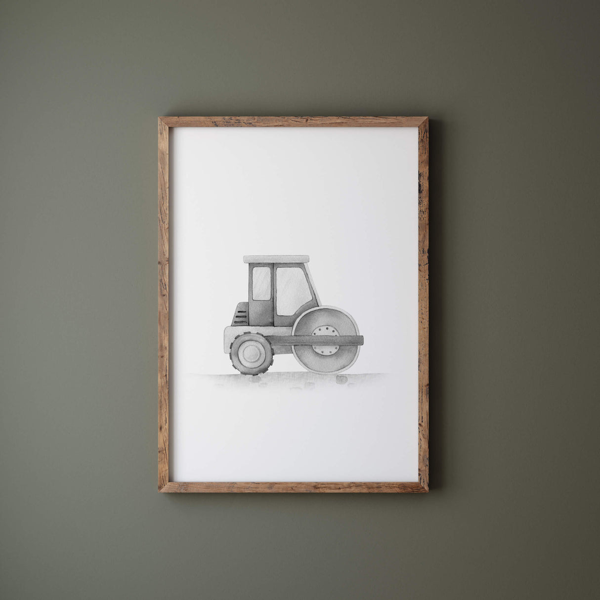 Watercolor black gray construction vehicle print with road roller for toddler room decor, baby boys room decor, sage green nursery decor.