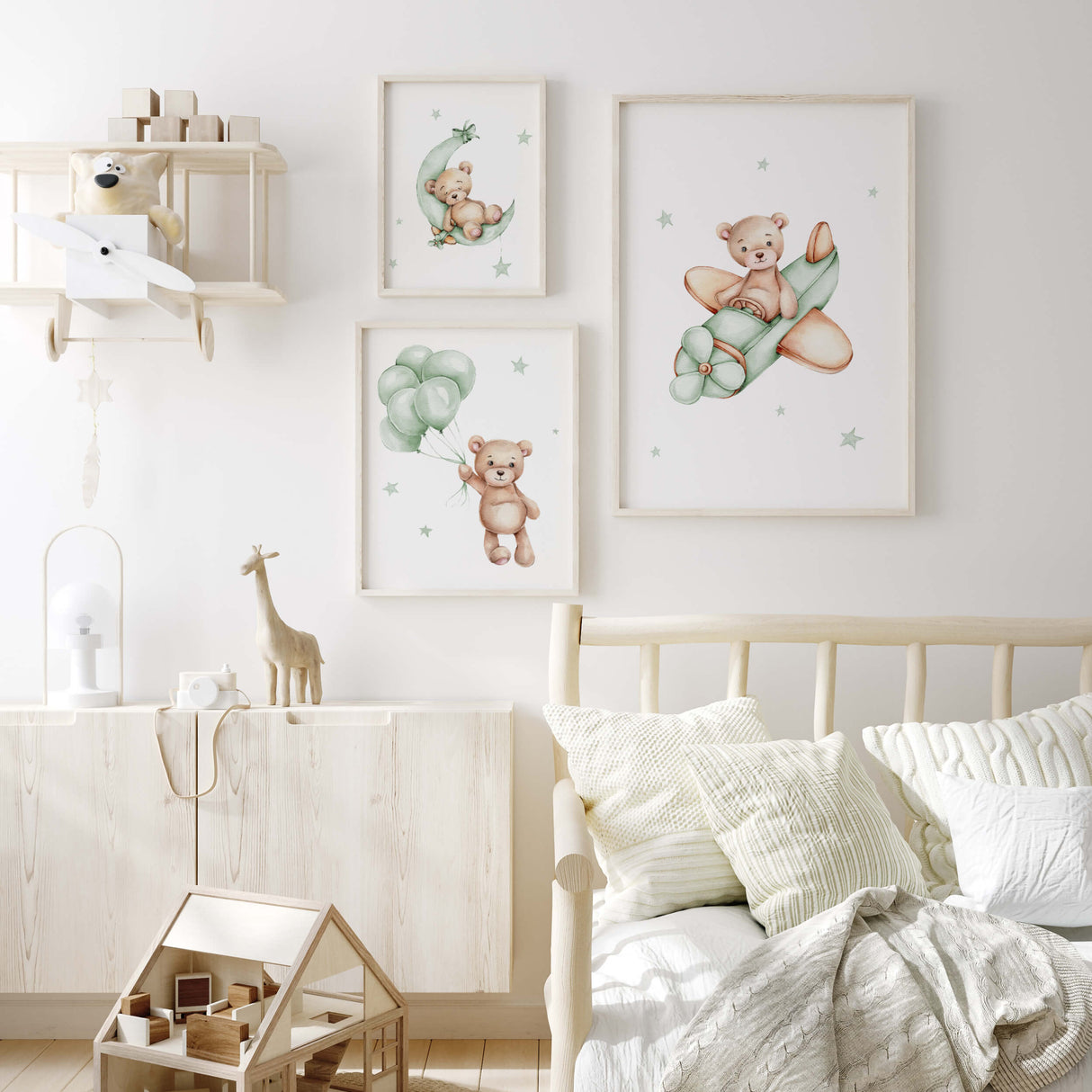 Set of 3 watercolor teddy bear printable on the cloud in sage green and brown colors for gender neutral nursery decor.