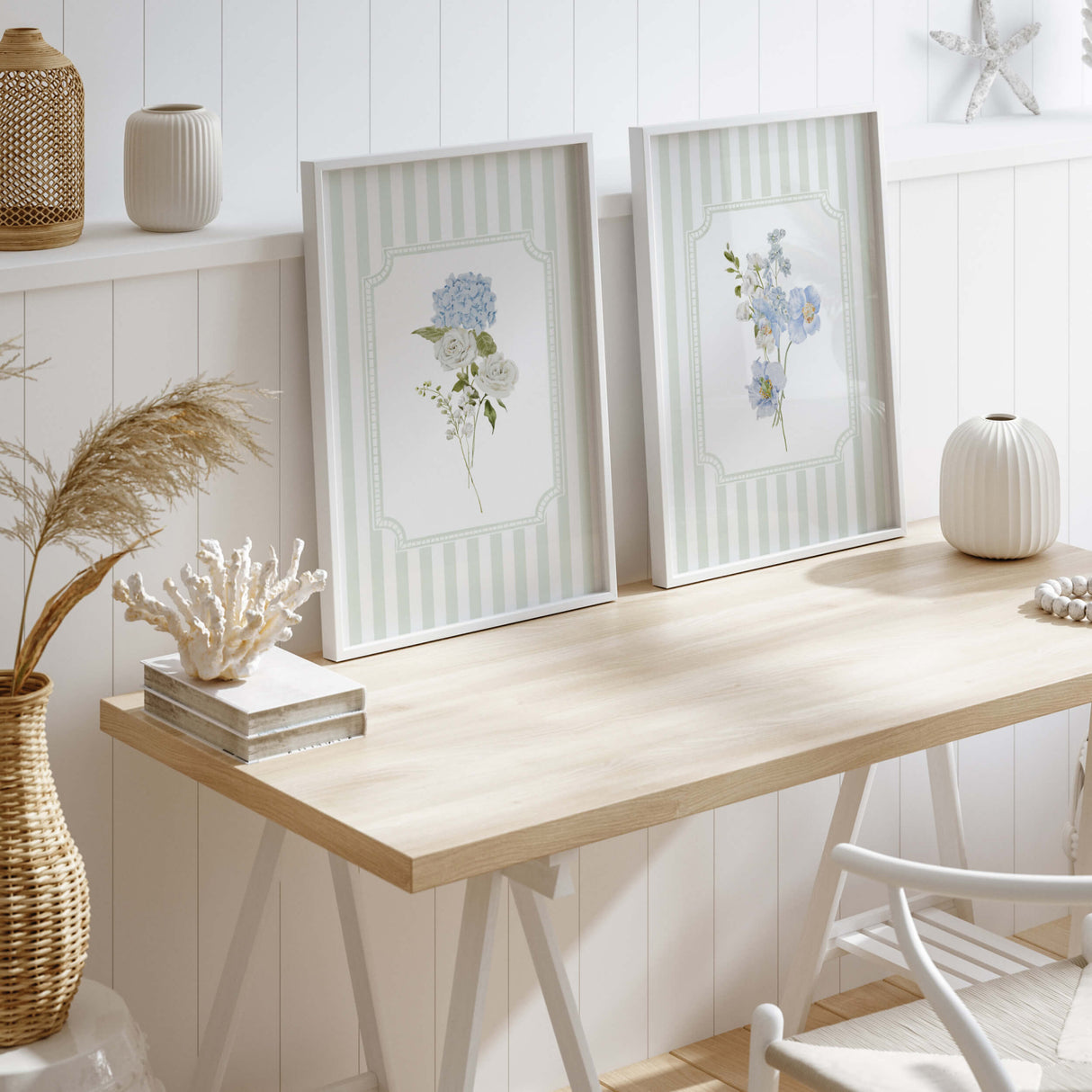 Digital wall art trio featuring blue flowers on mint green stripe background