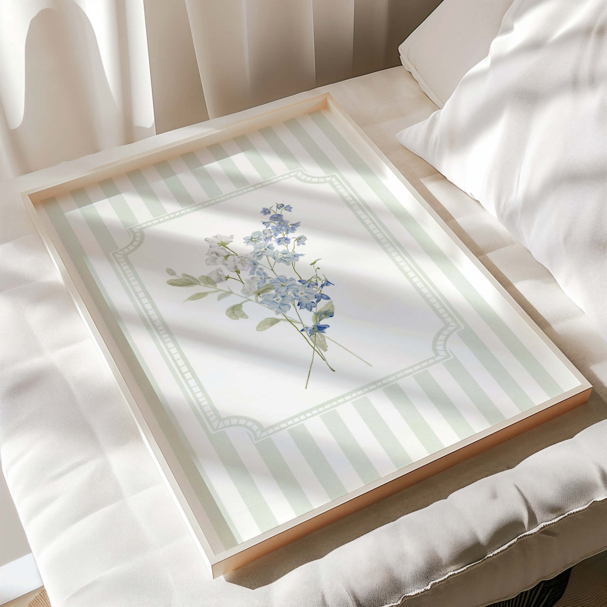 Gender-neutral nursery prints with hydrangea bouquets and muted green stripes