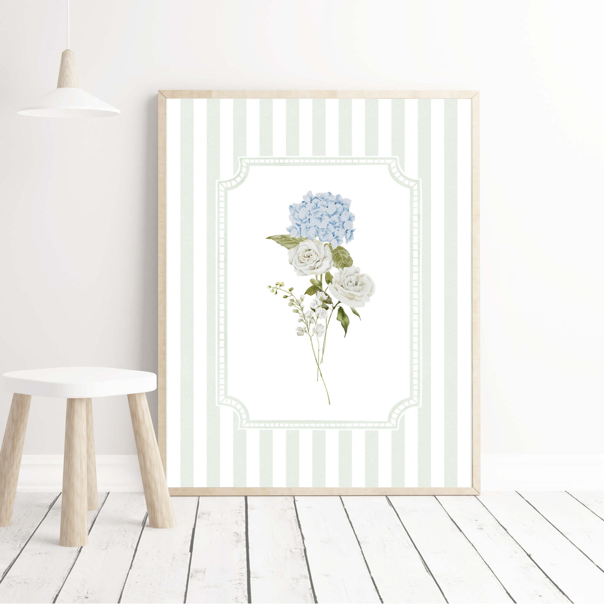 Sage green striped floral printable set of 3 with blue hydrangea bouquets