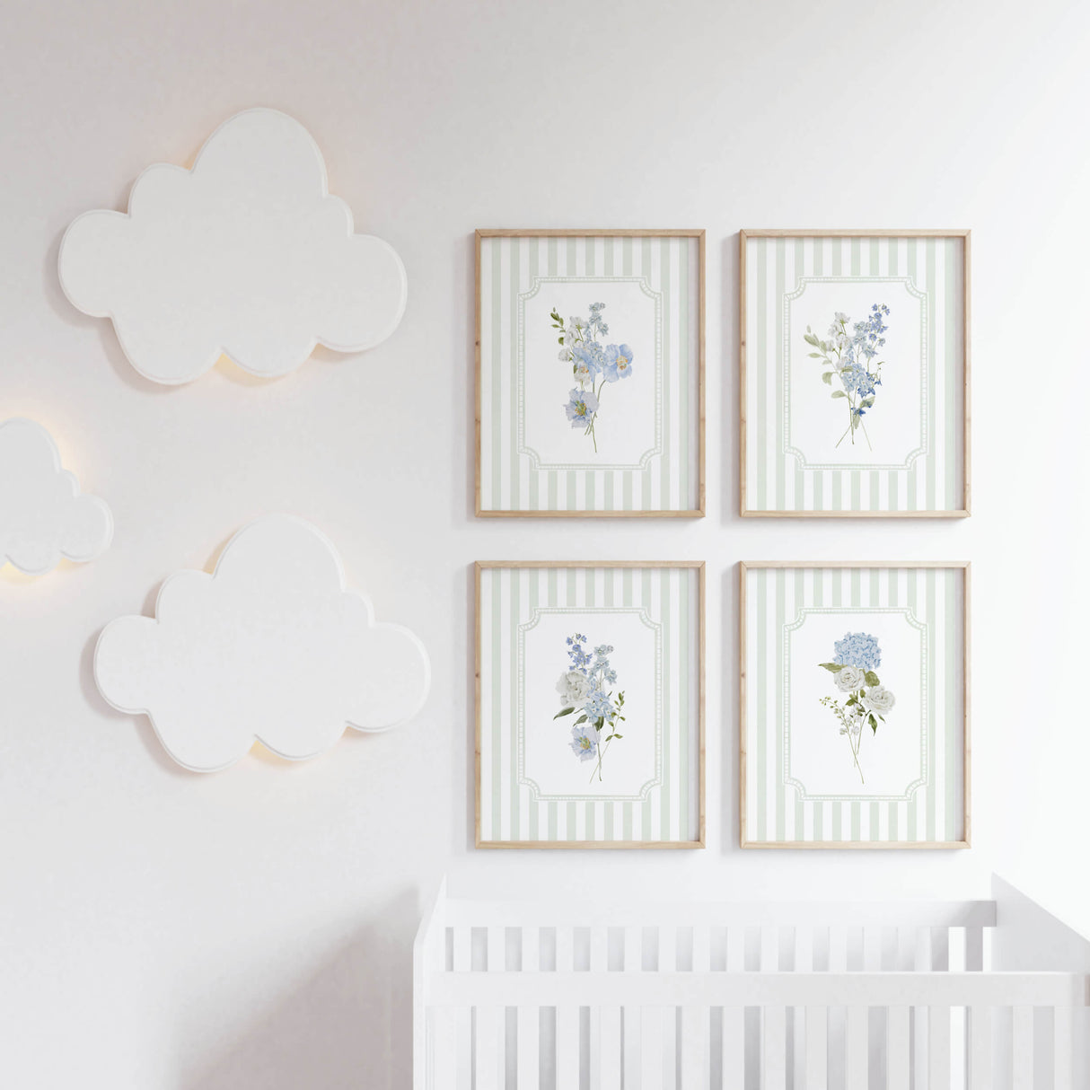 Blue botanical wall art download on sage green vertical stripes