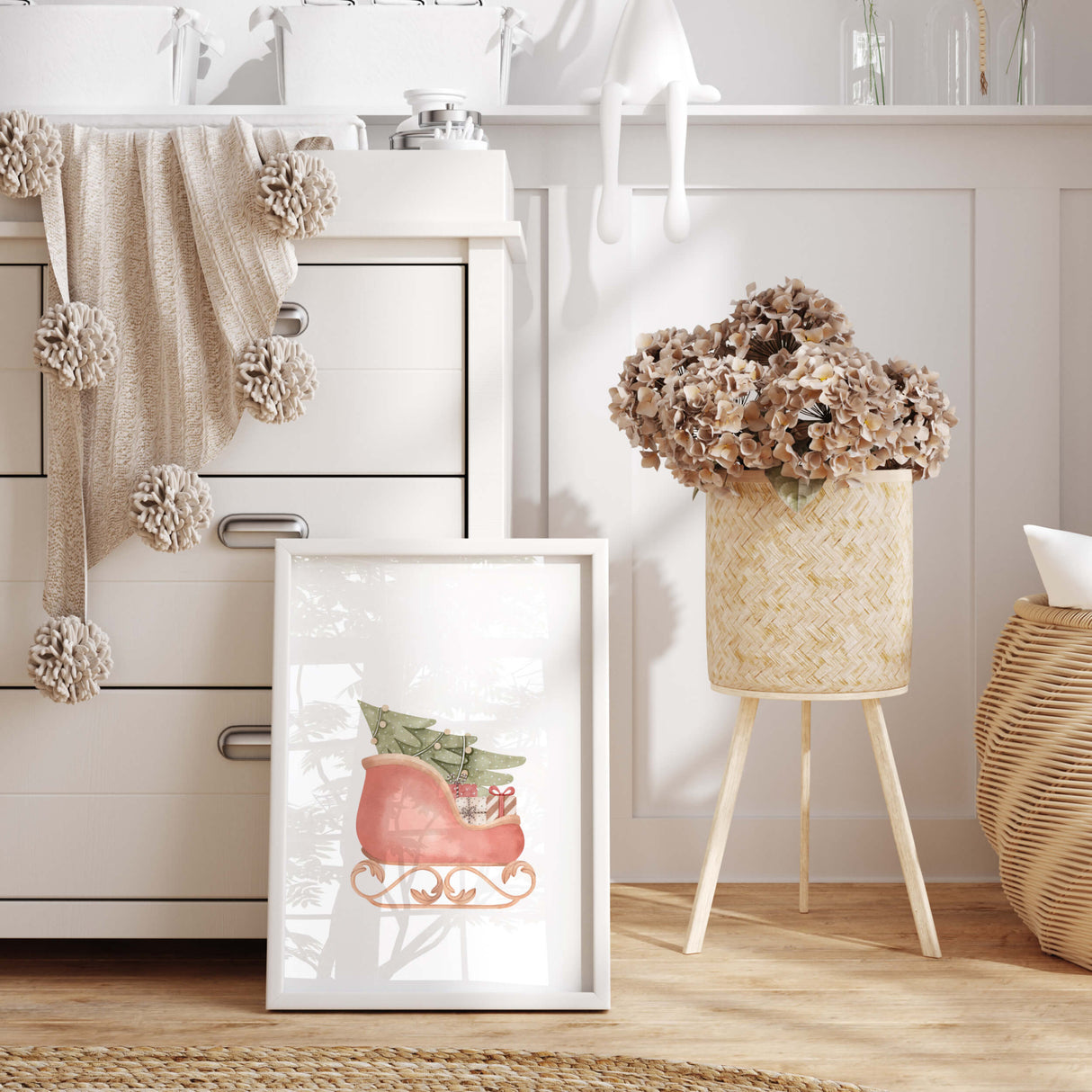 Watercolor Santa's sleigh poster for christmas nursery decor.