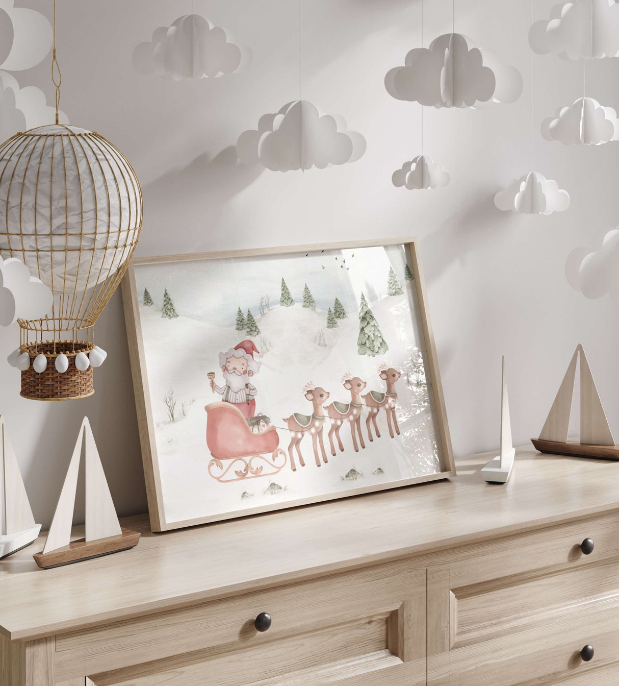 Watercolor Santa Claus with sleigh and deer printable for christmas boho nursery decor.