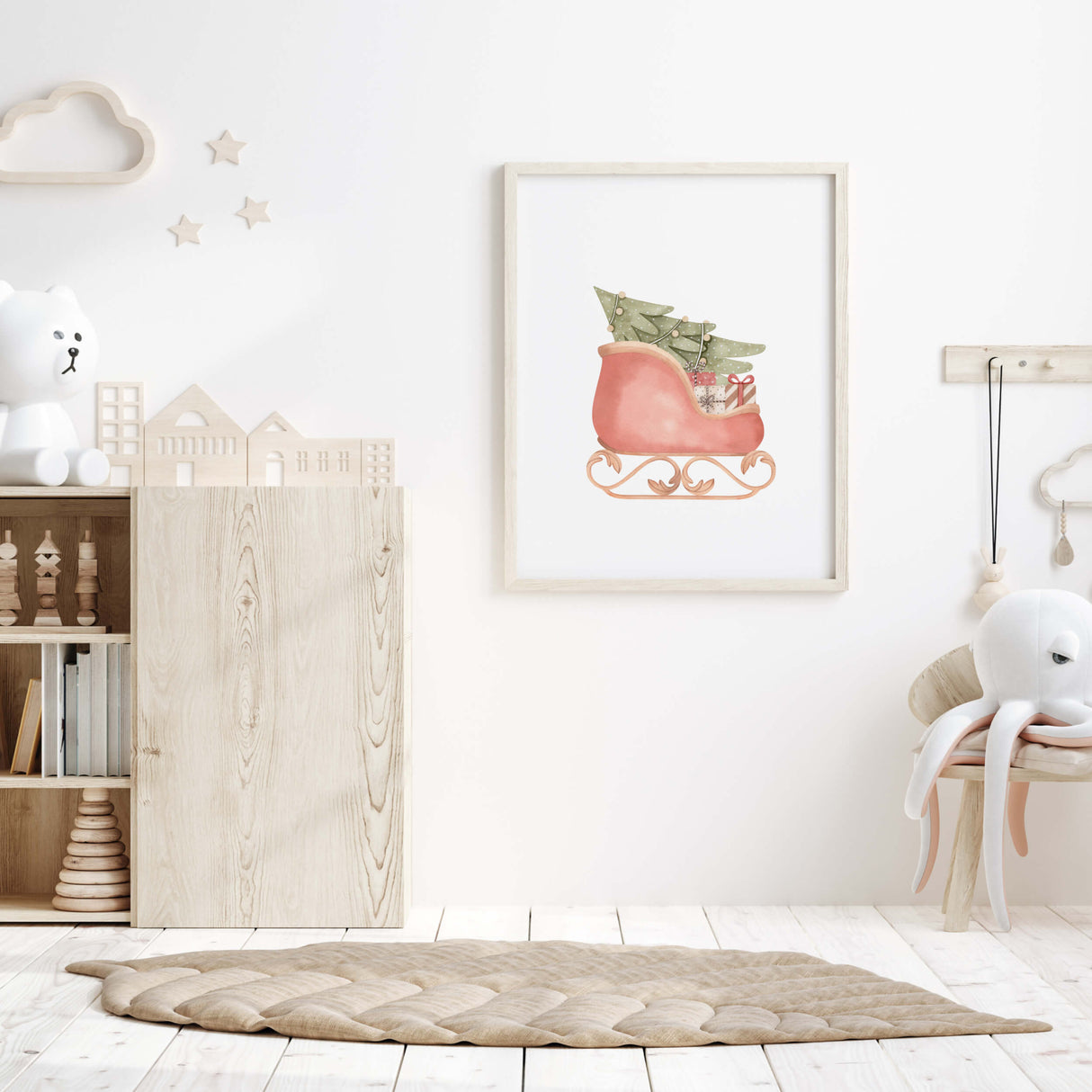 Watercolor Santa's sleigh print for winter nursery decor.