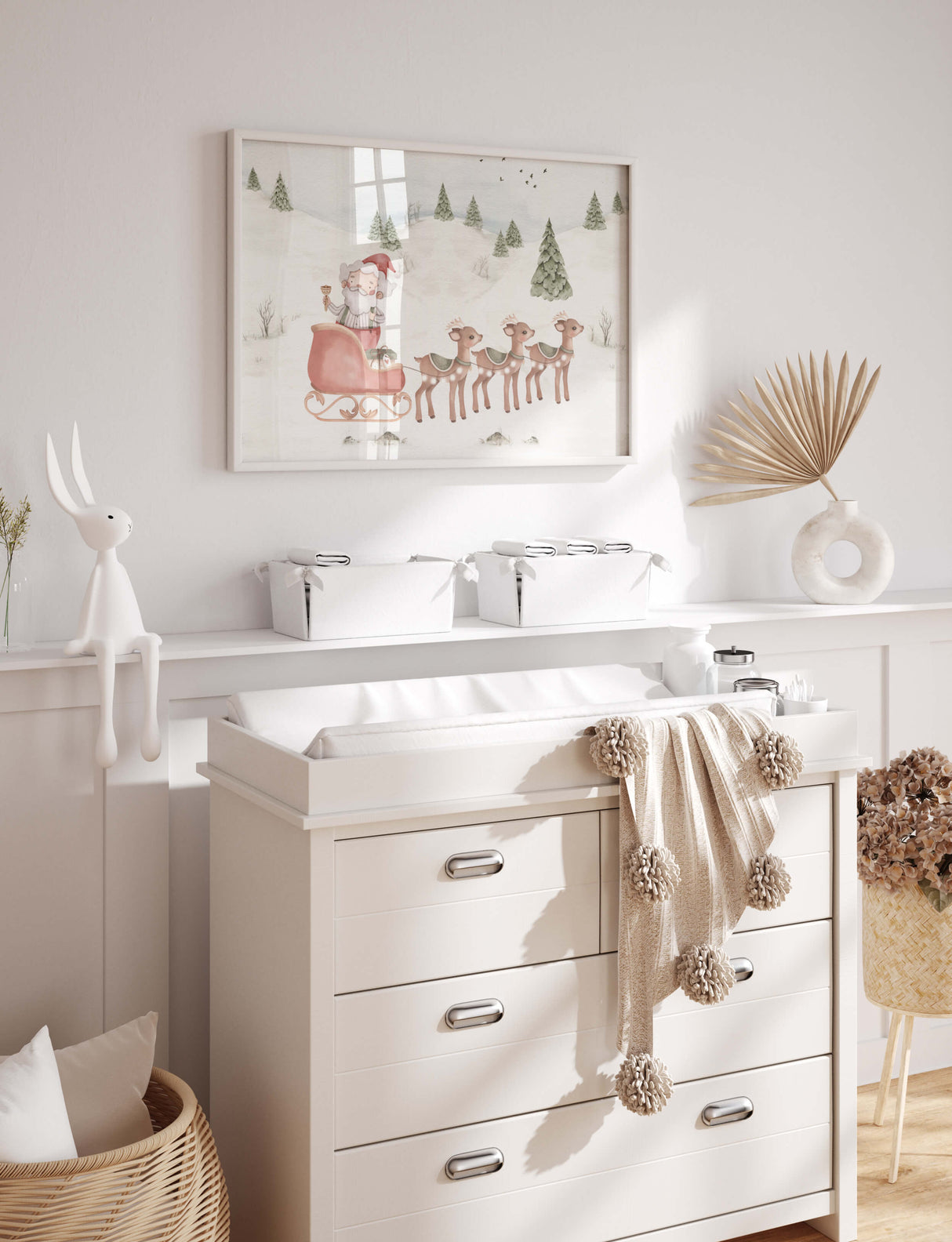 Watercolor Santa Claus with sleigh and deer print for christmas white nursery decor.