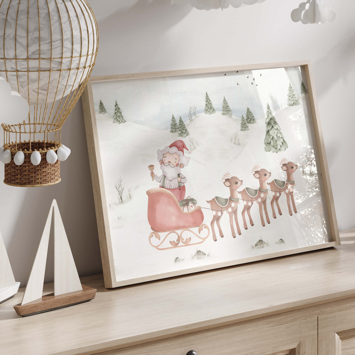 Watercolor Santa Claus with sleigh and deer print for christmas nursery decor.