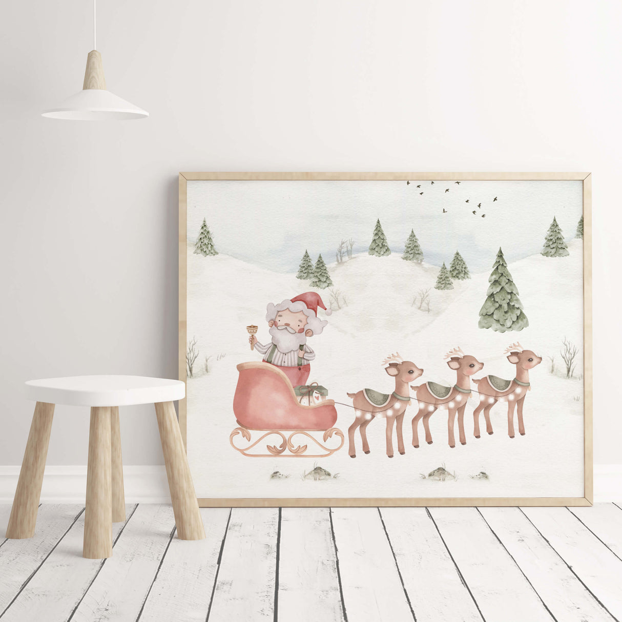 Watercolor Santa Claus with sleigh and deer poster in sage green, brown, red colors for christmas nursery decor.