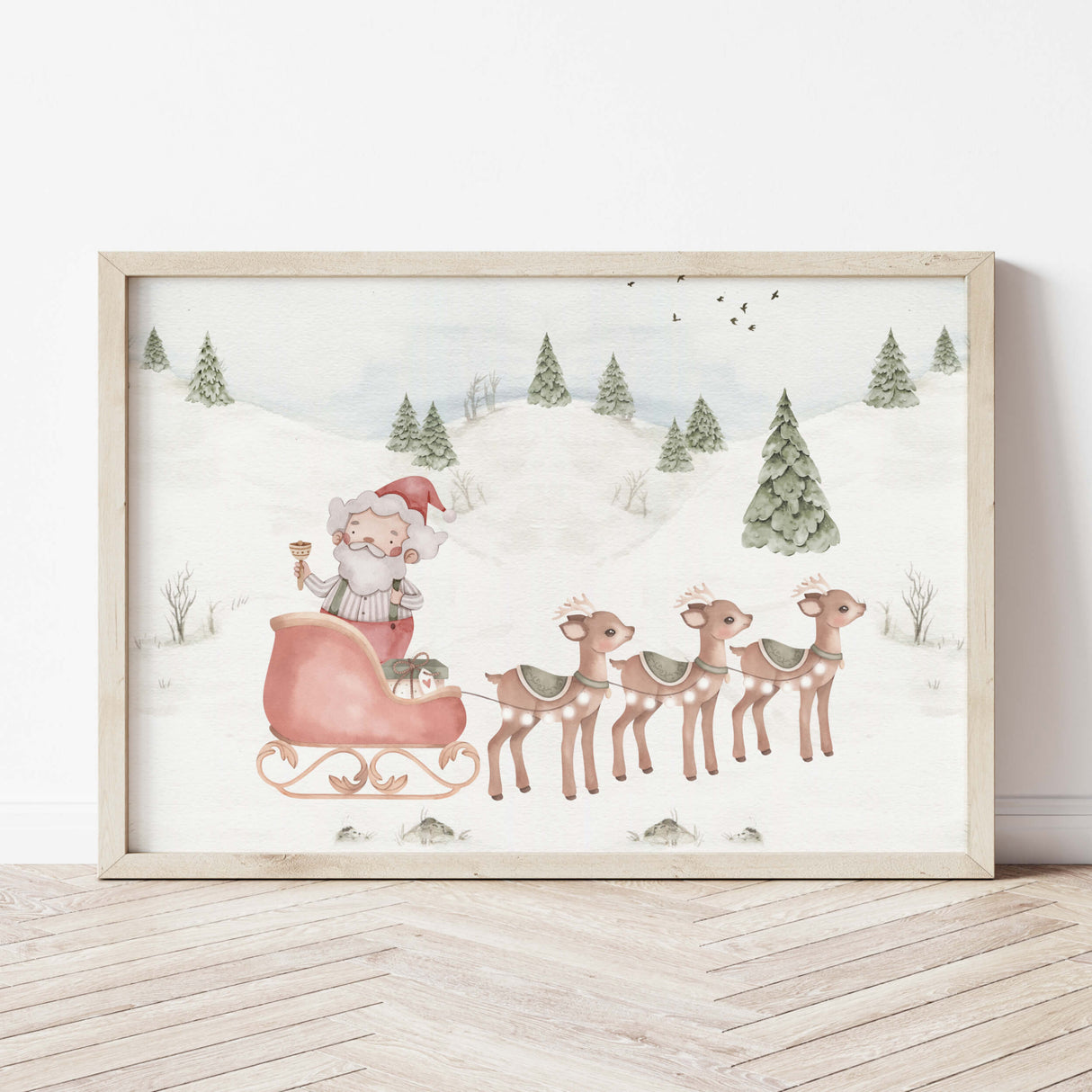 Watercolor Santa Claus with sleigh and deer printable for christmas nursery decor.