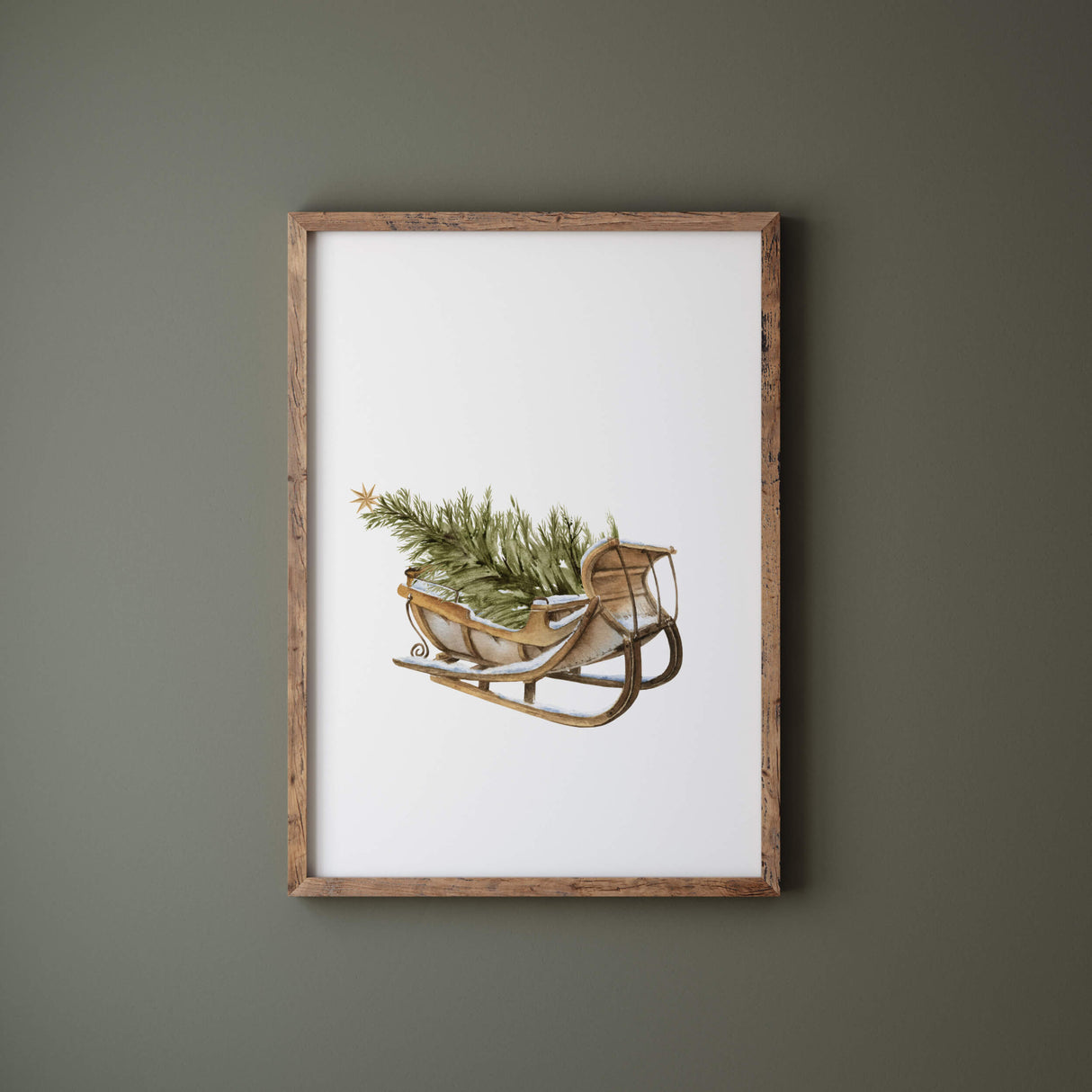 Watercolor Santa's sleigh with Christmas tree for christmas wall decor, and sage green wall decor.