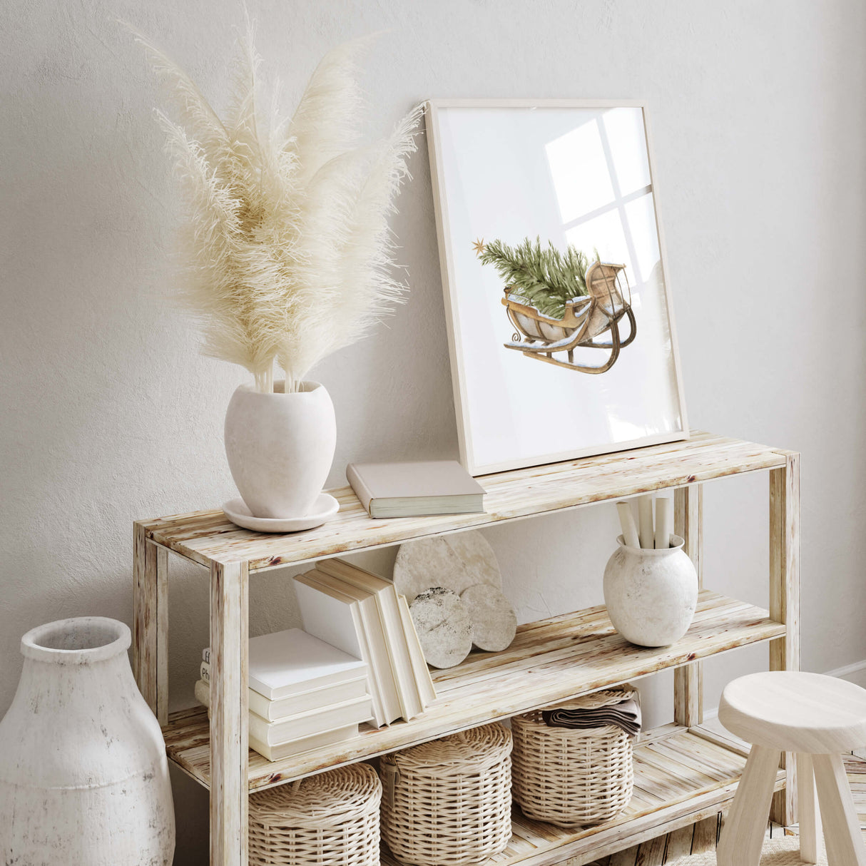 Watercolor Santa's sleigh with Christmas tree printable for christmas wall decor.