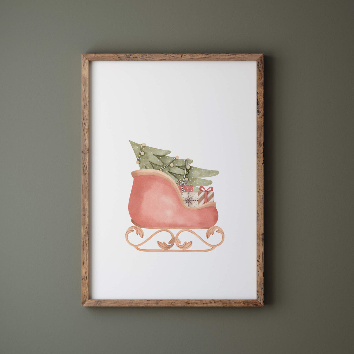 Watercolor Santa's sleigh with christmas tree print for christmas and winter nursery decor.