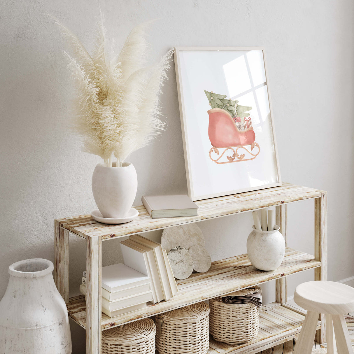 Watercolor Santa's sleigh printable for christmas nursery decor.