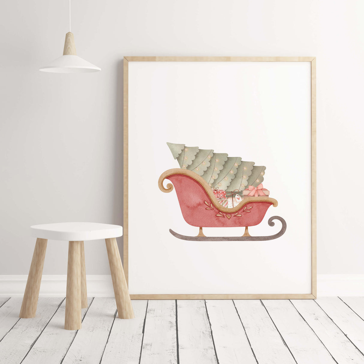 Watercolor Santa's sleigh print for neutral christmas nursery decor.