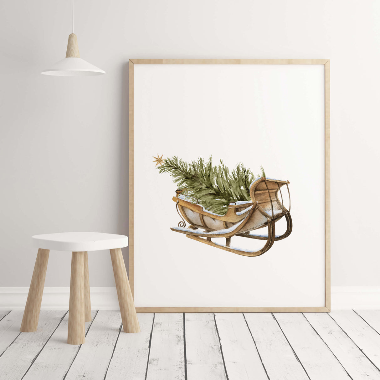 Watercolor Santa's sleigh with Christmas tree poster for christmas wall decor.