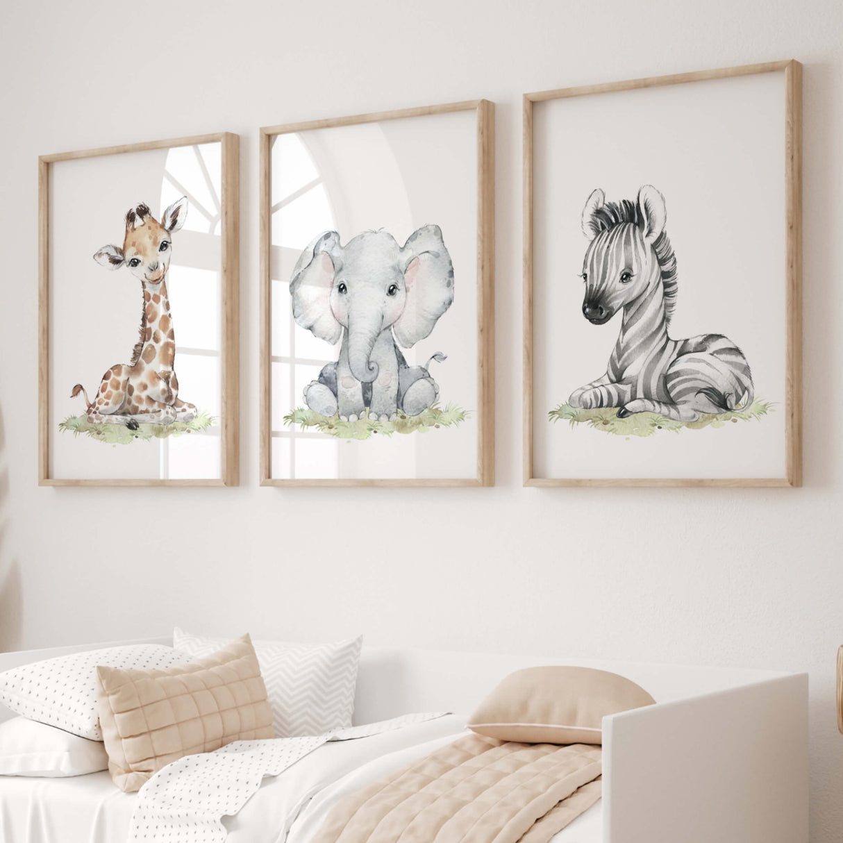 Set of 3 watercolor safari animals with giraffe, elephant, zebra print for gender neutral nursery ideas and decor.