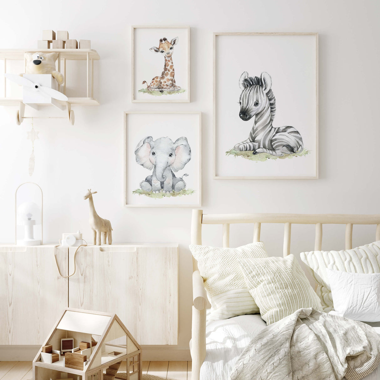 Set of 3 watercolor safari animals with giraffe, elephant, zebra printable for gender neutral nursery ideas and decor.