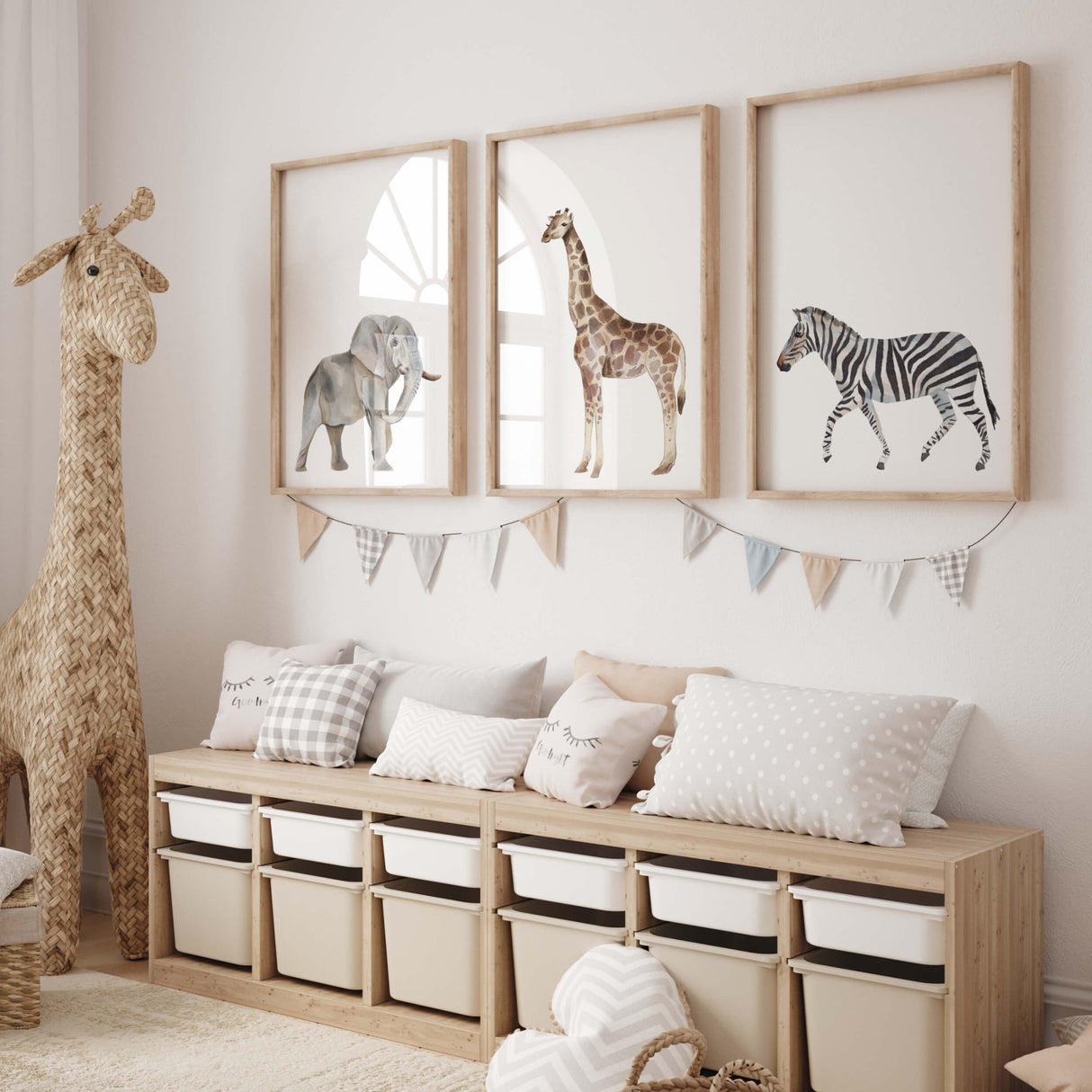 Set of 3 watercolor safari animals with zebra, elephant an giraffe in earth colors printable for gender neutral nursery ideas and decor, boys room decor, girls room decor, boho nursrey decor.