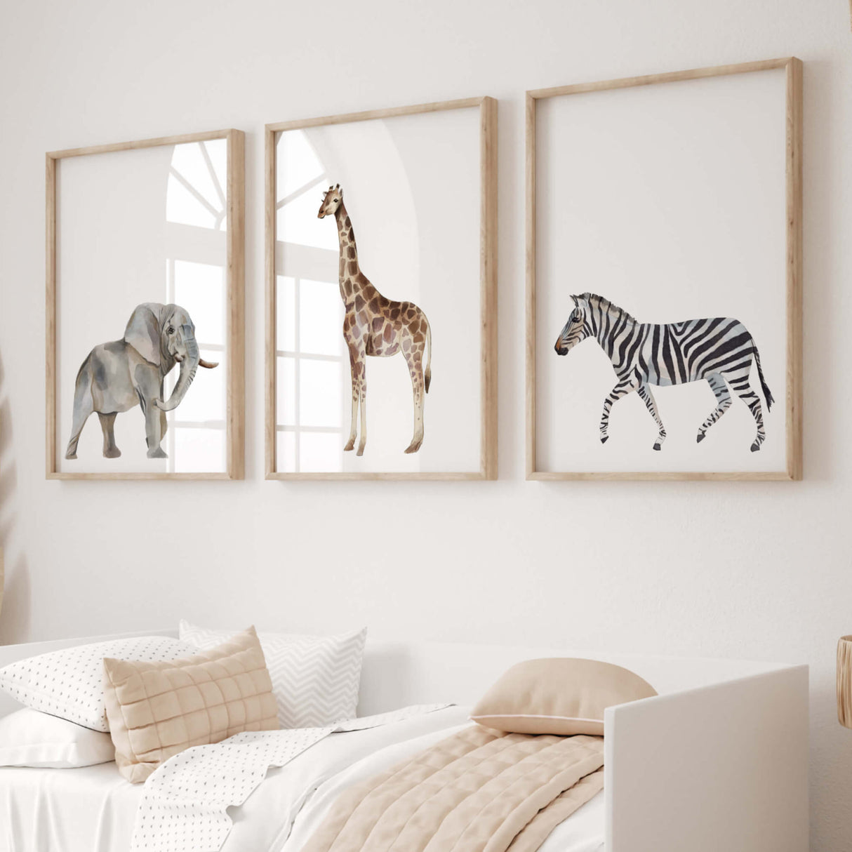 Set of 3 watercolor safari animals with zebra, elephant an giraffe in earth colors print for gender neutral nursery ideas and decor, boys room decor, girls room decor, boho nursrey decor.