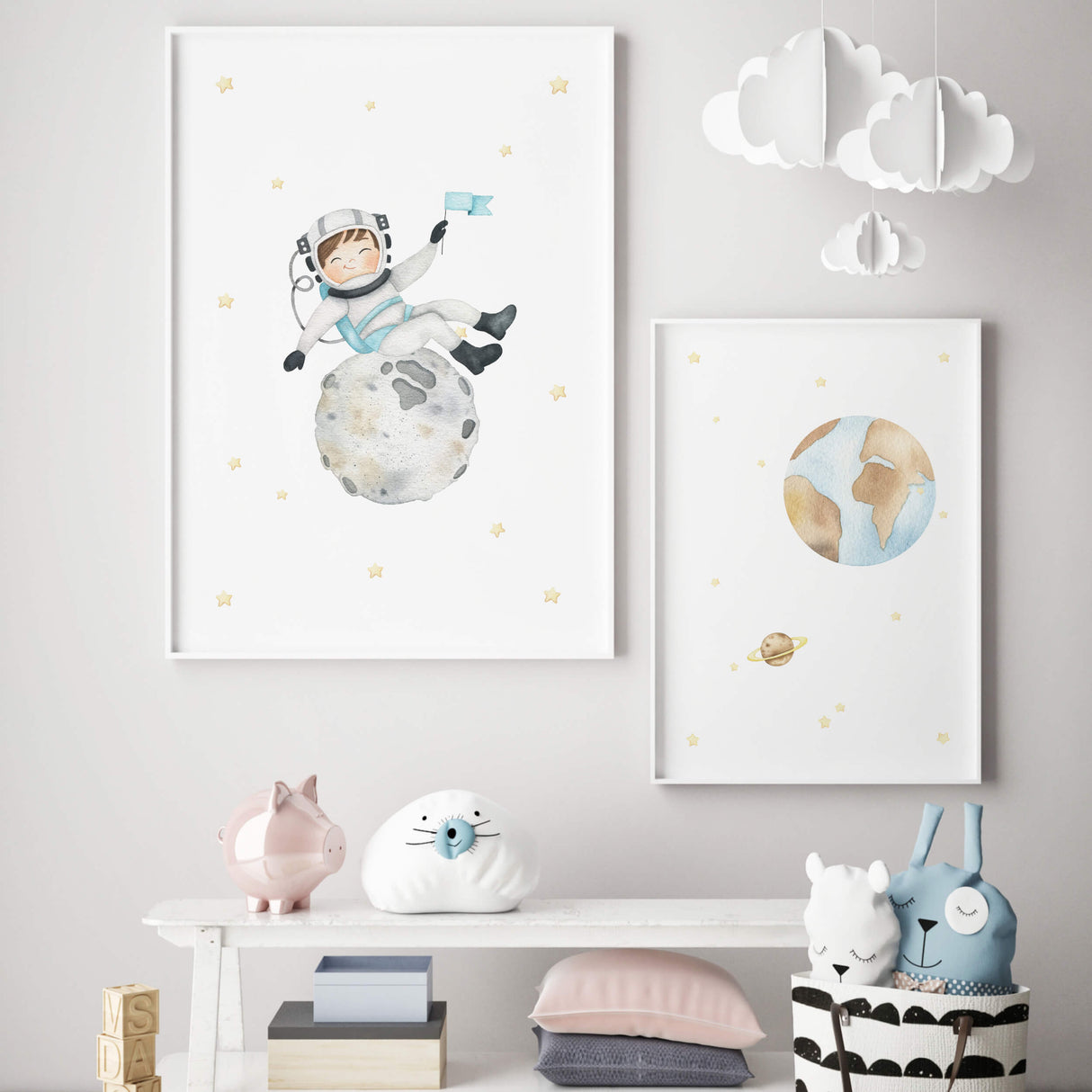 Set of 2 watercolor space nursery print for boho nursery decor.